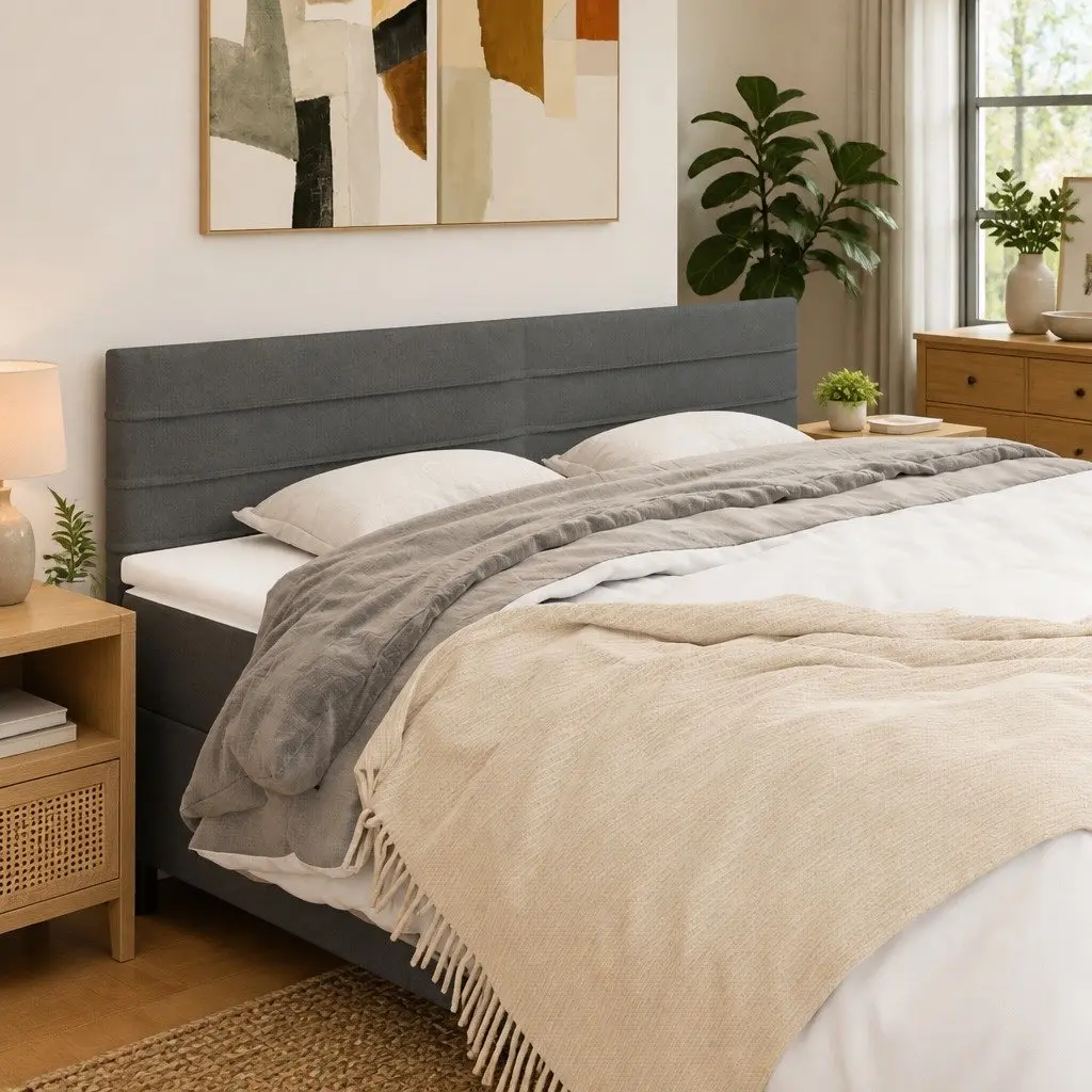 Fabric Headboard Grey Adjustable Height Wooden Legs Bedroom Furniture Durable