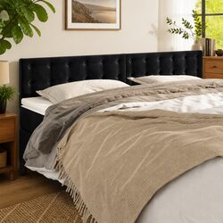 Velvet Headboard 200cm Black with Wooden Legs, Adjustable