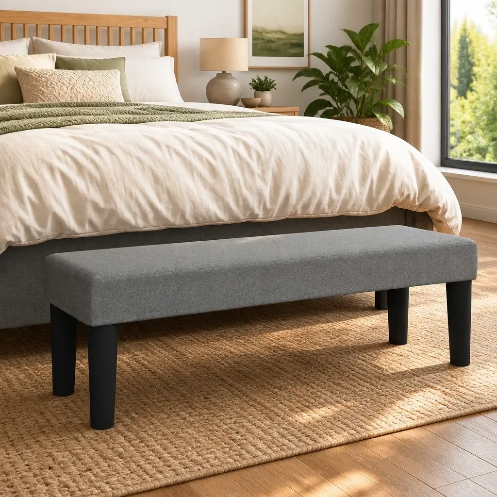 Upholstered Bench Grey Fabric Padded Seat Living Room Furniture 100x30x30cm