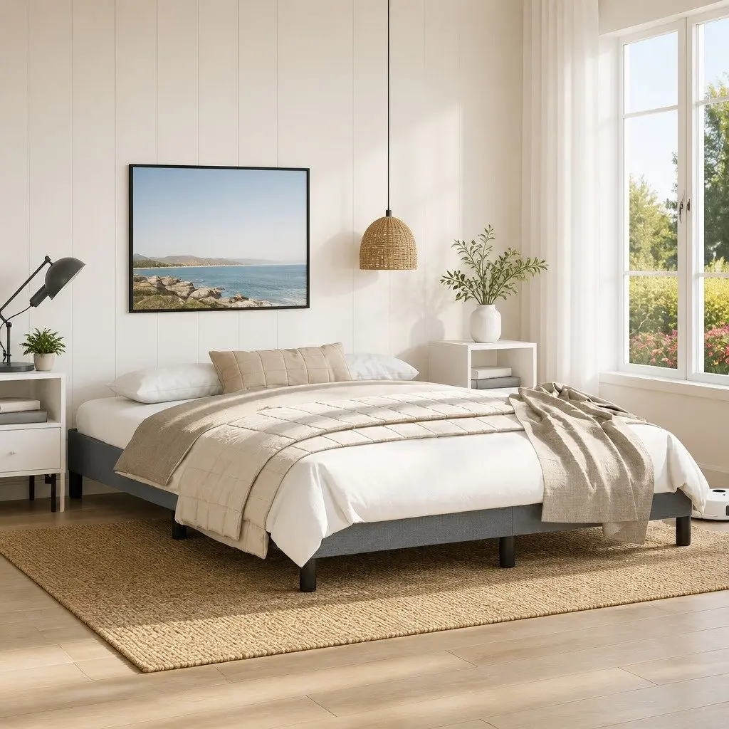 Queen Bed Frame Grey Fabric 152x203 cm Durable Upholstered Platform Bedroom