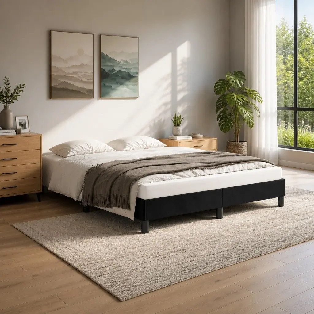Queen Bed Frame Black Velvet 152x203 cm Slatted Base Bedroom Furniture