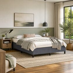 Queen Bed Frame Specifications: Grey Velvet Upholstered 152x203cm