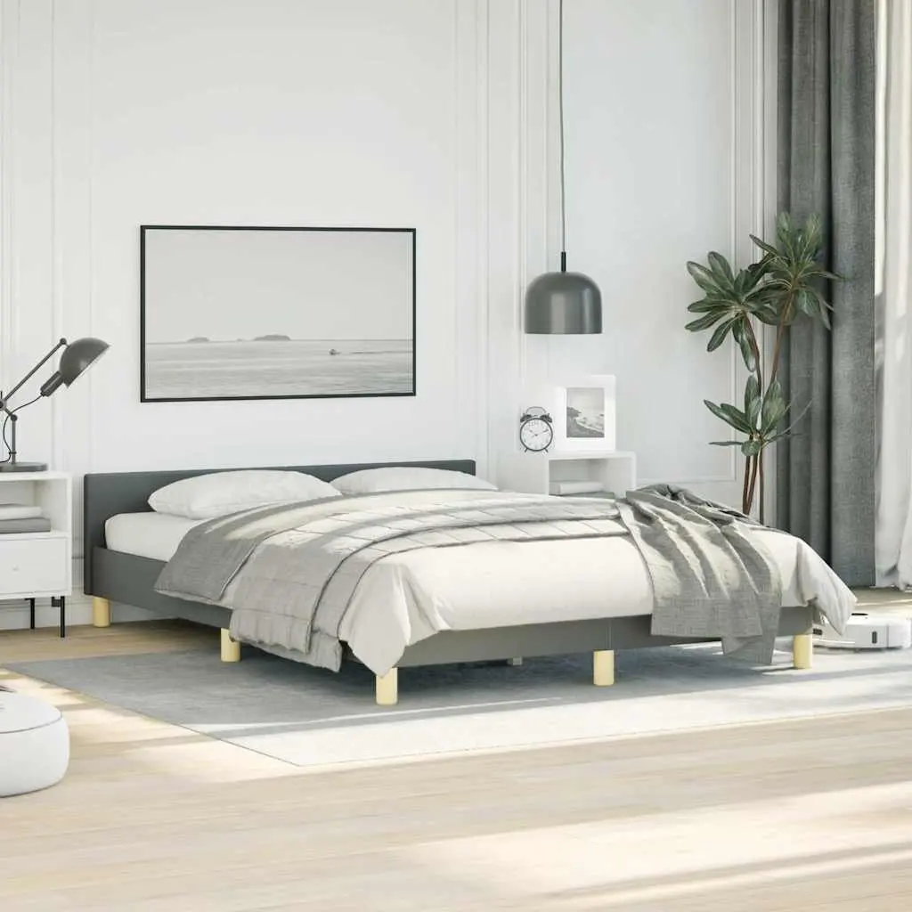 Double Bed Frame Grey Fabric Headboard Slats Bedroom Furniture No Mattress