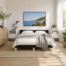 Queen Bed Frame: Black Fabric, Sturdy Build, 60" x 80"