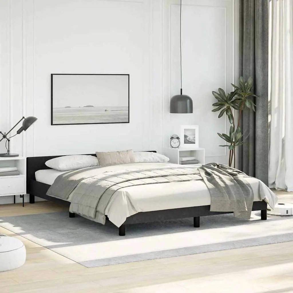 Queen Bed Frame Black Velvet Headboard Slats Bedroom Furniture