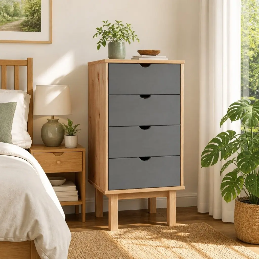 Drawer Cabinet Chest of Drawers 4 Drawer Storage Unit Brown & Grey Pine Wood
