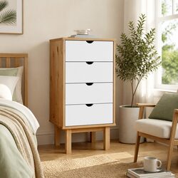 Drawer Cabinet White Brown Solid Pine Wood Storage Chest 4 Drawers Scandinavian