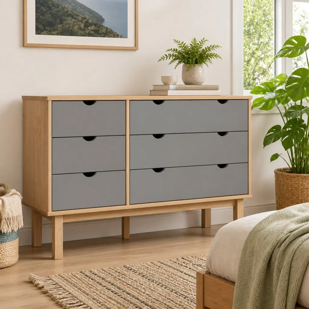 Drawer Cabinet Chest of Drawers Grey Solid Pine Wood Storage Organizer 6 Drawer