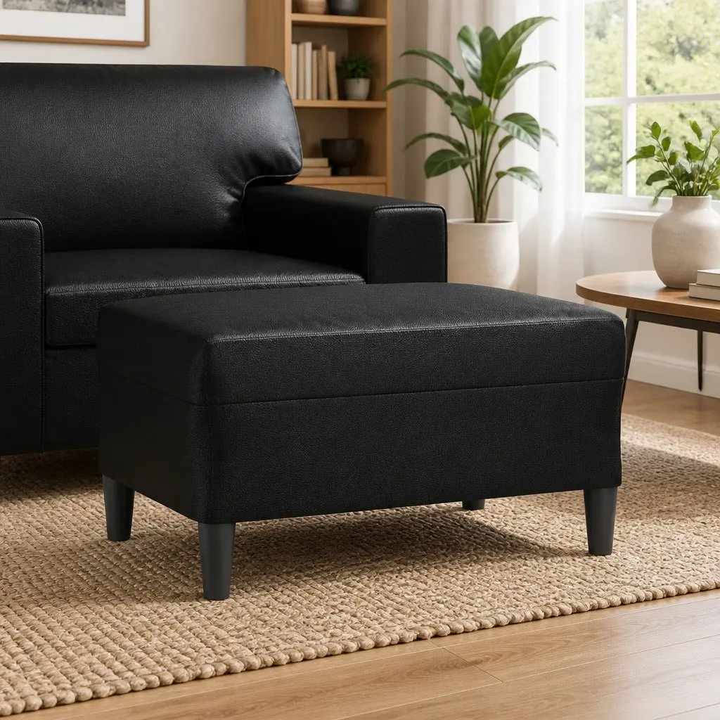 Footstool Living Room Black Faux Leather Compact Size