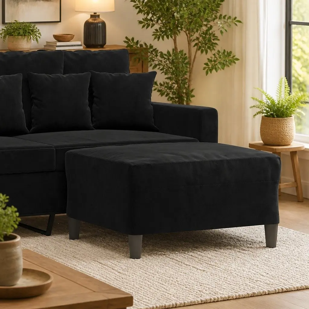 Footstool Black Velvet Ottoman Footrest Compact Living Room 70 x 55 x 41 cm