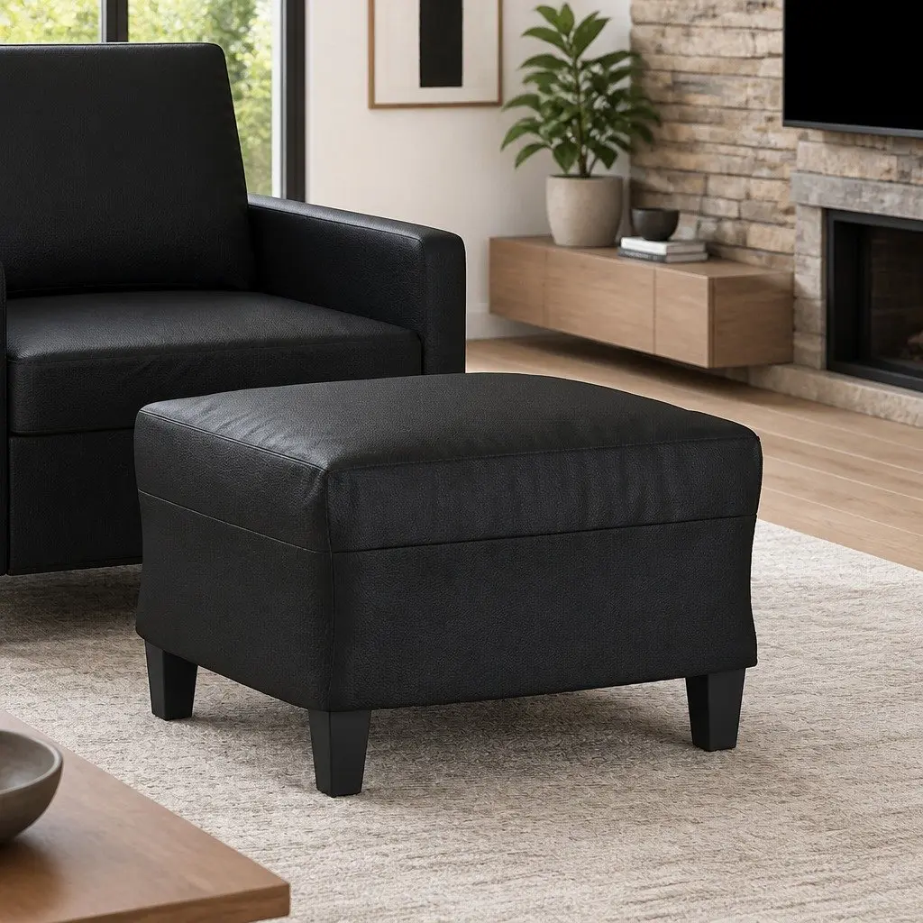 Black Faux Leather Ottoman Pouf Seat Rest