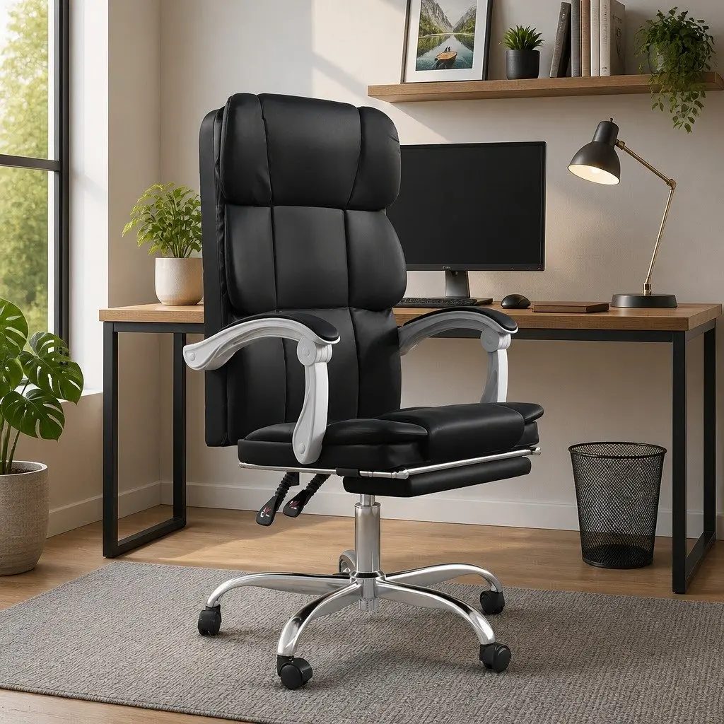 Reclining Office Chair for Business Black Faux Leather Adjustable Backrest Height Swivel
