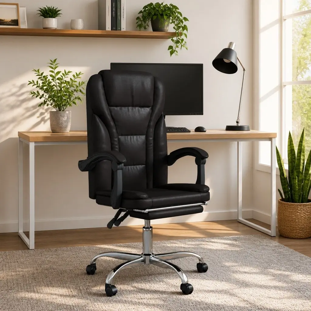 Adjustable Backrest Swivel Reclining Chair Office Use Black Faux Leather