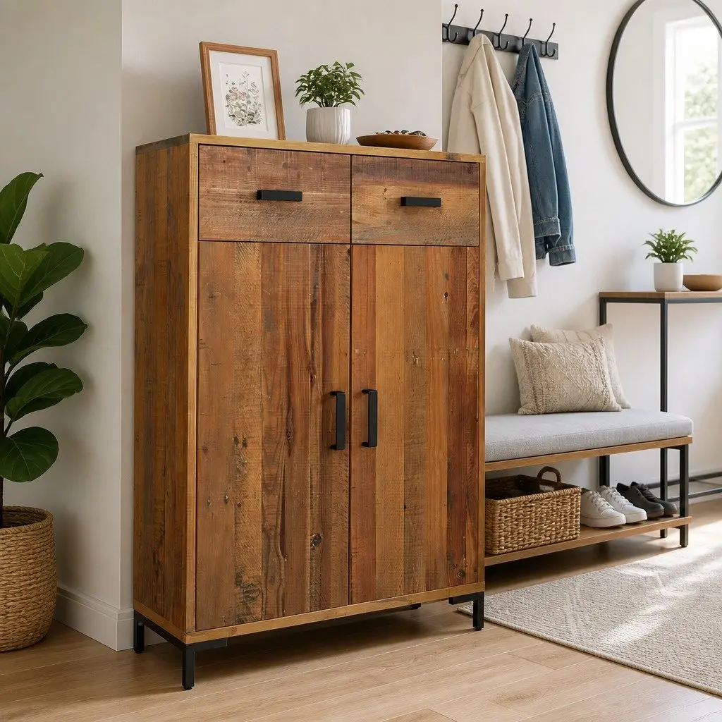 Shoe Rack 75x40x110 cm Brown Solid Pinewood Storage Cabinet 2 Drawers