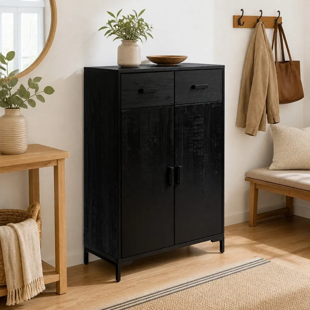 Shoe Rack Black 75x40x110 cm Wooden Storage Cabinet 2 Drawers 2 Compartments