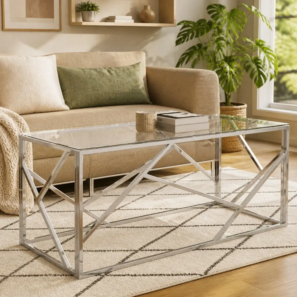 Coffee Table Living Room Silver Stainless Steel Frame Tempered Glass Top Modern Accent