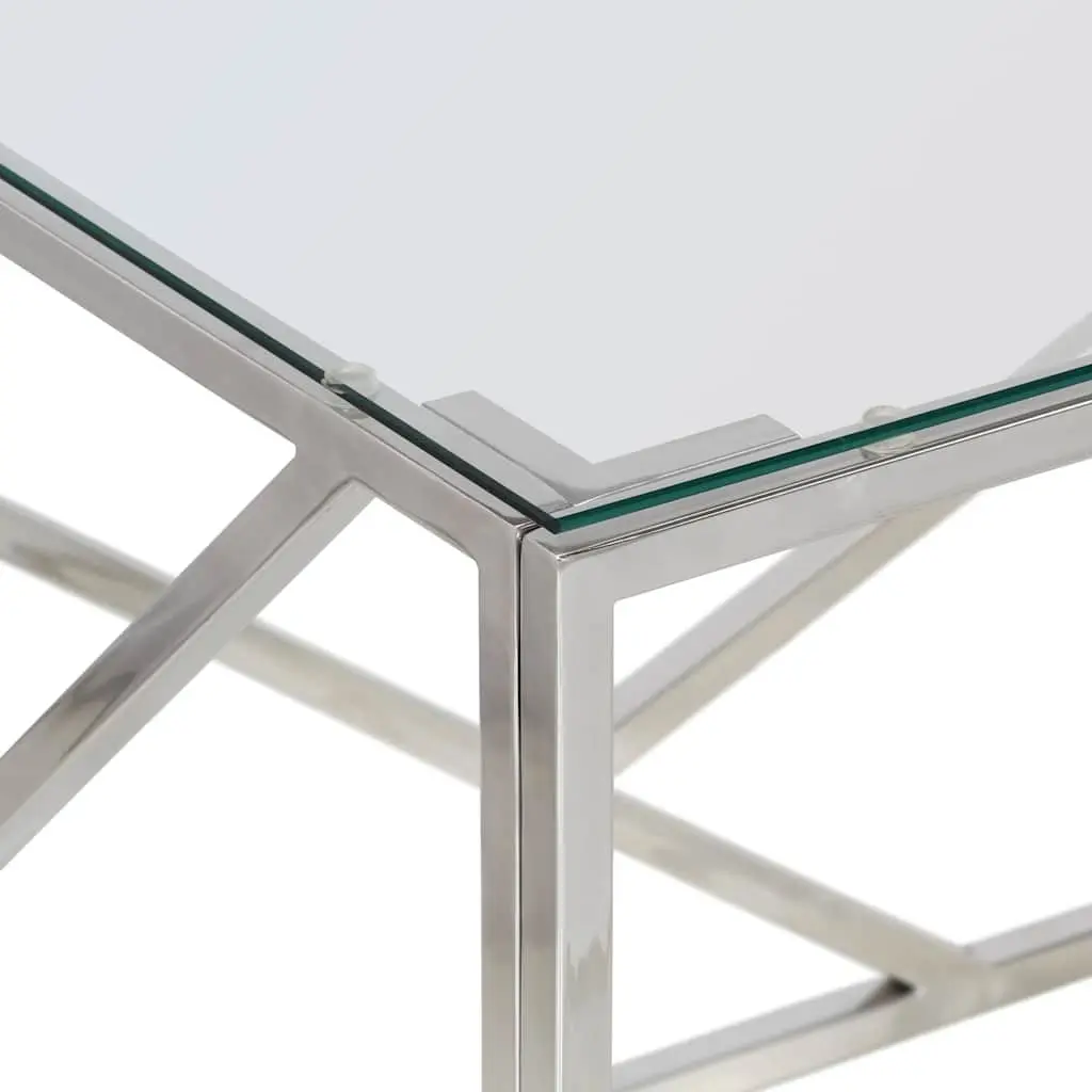 Coffee Table Living Room Silver Stainless Steel Frame Tempered Glass Top Modern Accent
