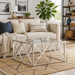 Coffee Table Dimensions 80x80x40 cm - Glass Top & Steel Frame