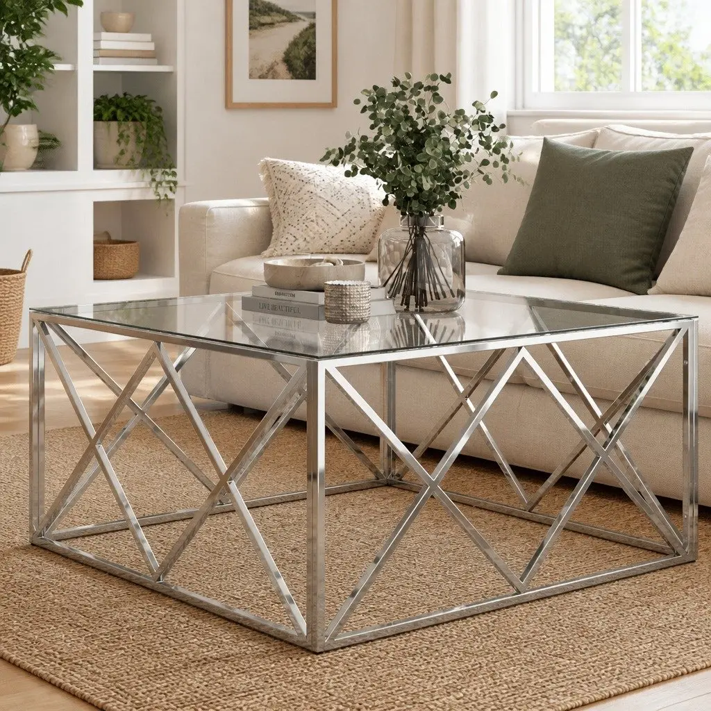 Stainless Steel Frame Coffee Table with Glass Surface