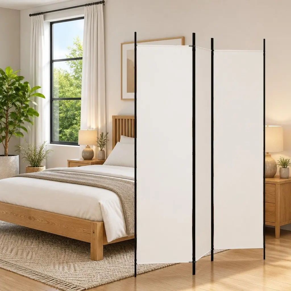 3-Panel Room Divider Screen White Foldable Privacy Partition Fabric 150x200cm