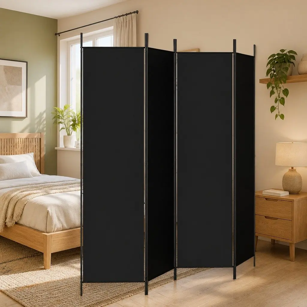 4-Panel Room Divider Screen Foldable Privacy Partition Black Fabric 200x200cm