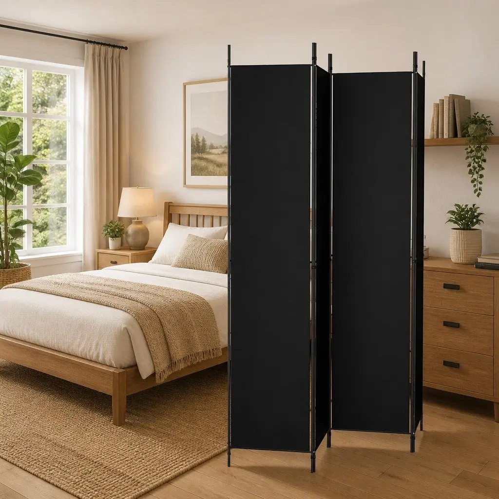 4-Panel Room Divider Screen for Bedroom Living Area 200x220 cm Black Fabric Foldable Privacy Partition