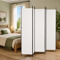 5-Panel Room Divider: White Fabric, 250x220cm