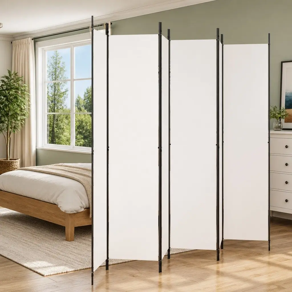 6-Panel Room Divider Folding Screen for Home Use White Fabric 300 x 220 cm