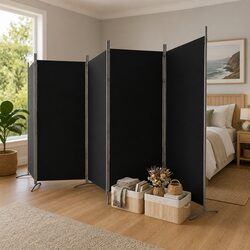 5-Panel Room Divider Specifications: Black Fabric Construction