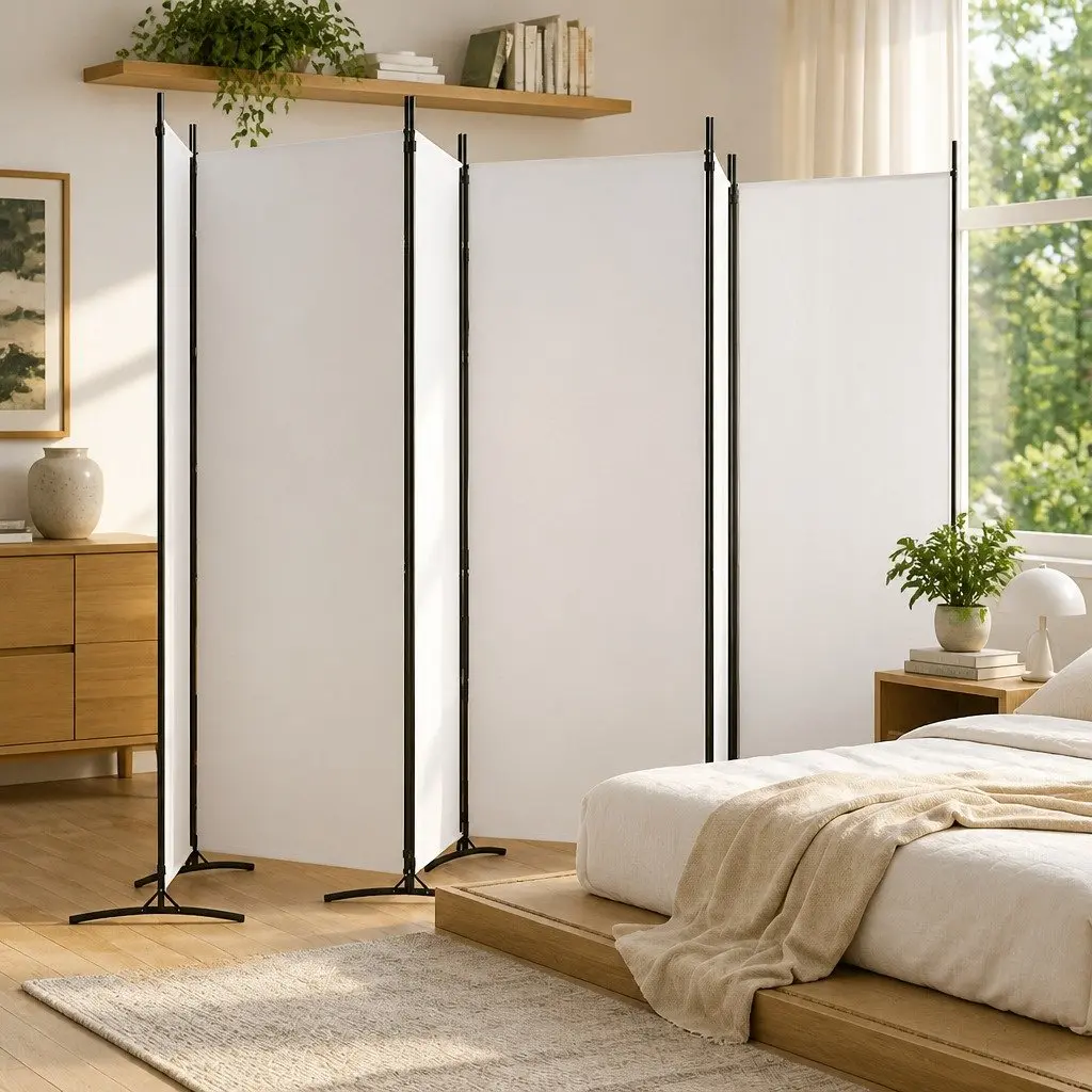 6-Panel Room Divider Screen for Bedroom or Living Room White Fabric Foldable Privacy Partition