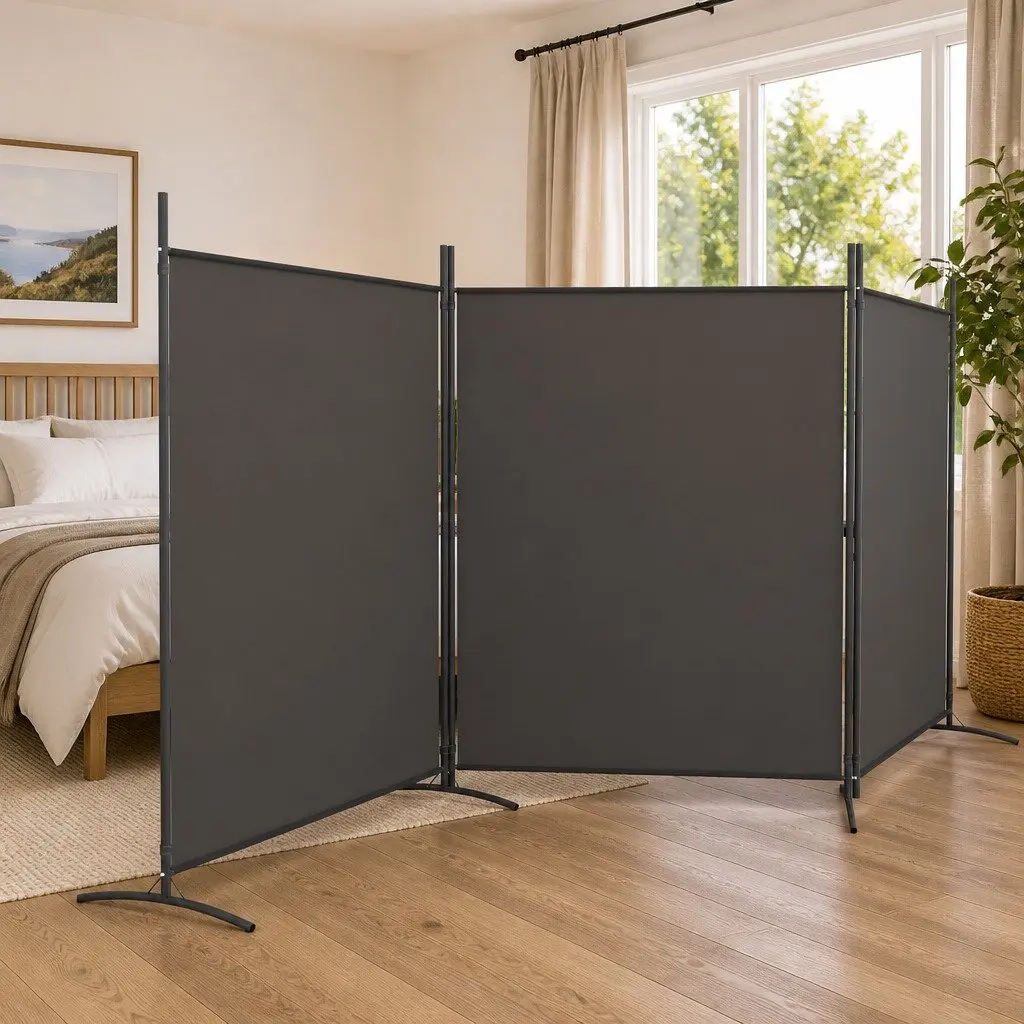 3-Panel Room Divider Anthracite Fabric Foldable Privacy Screen Partition
