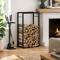 Firewood Rack Log Storage Holder Steel Black Fireplace Wood Stand 50x28x94cm