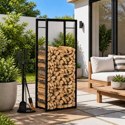 Firewood Storage Rack – 50 x 28 x 132 cm, Black Steel