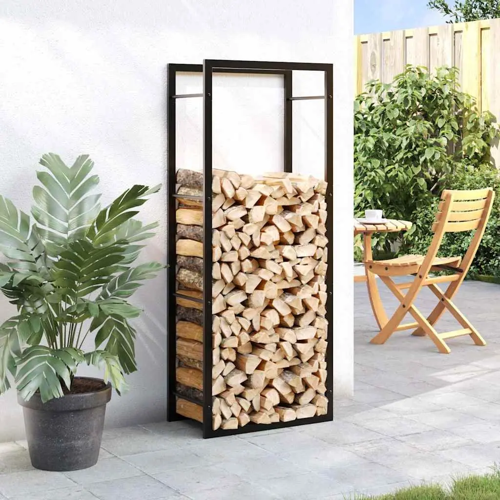 Log Rack Firewood Storage Holder Indoor Outdoor Black Steel 50 x 28 x 132 cm