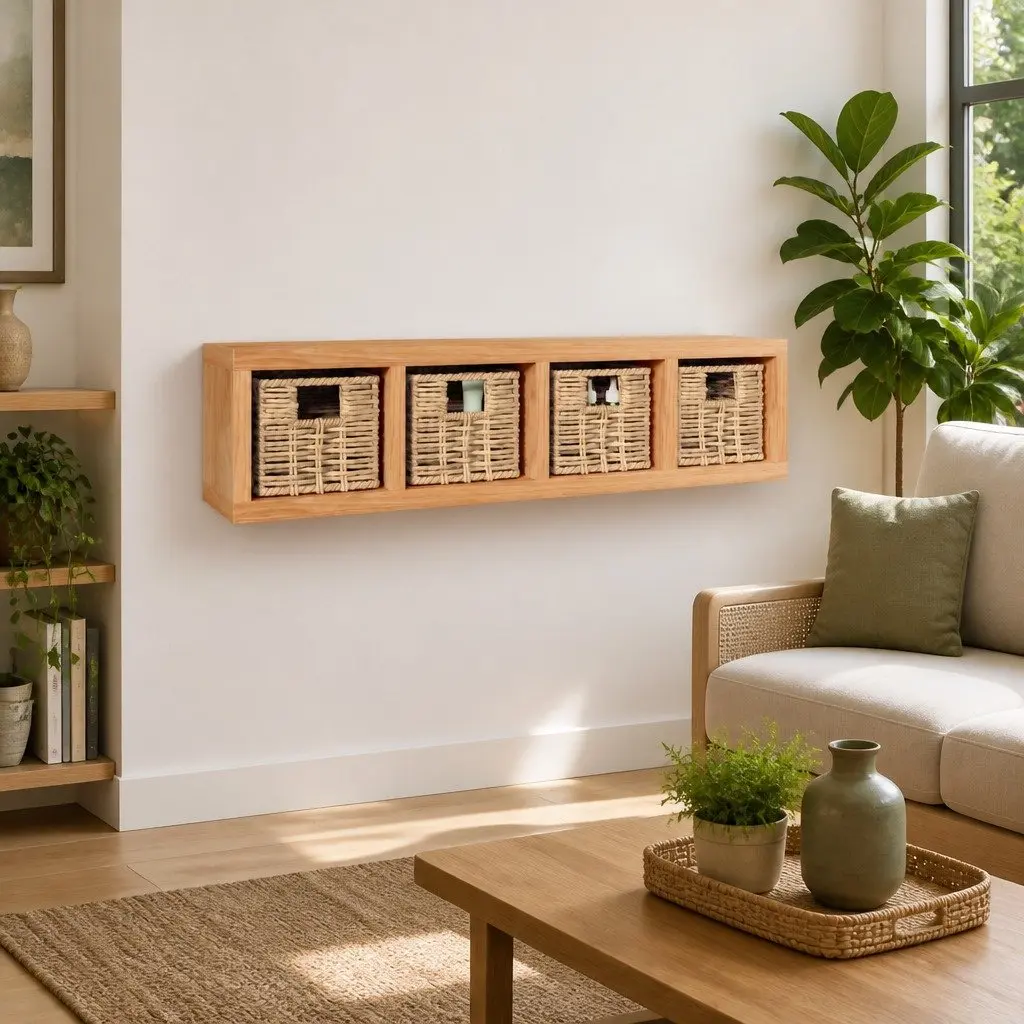 62x18x16 cm Wall Shelf, Solid Walnut Wood with Baskets
