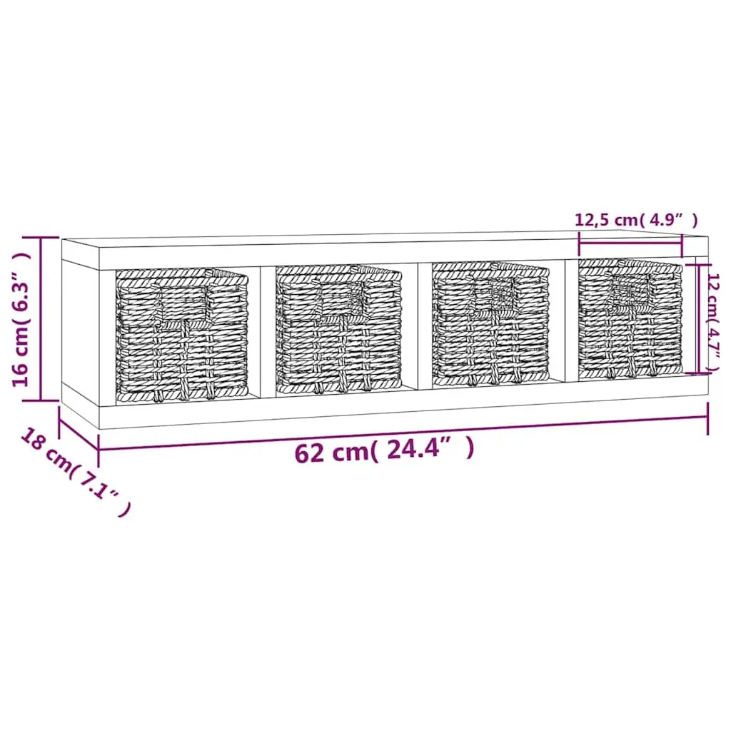 62x18x16 cm Wall Shelf, Solid Walnut Wood with Baskets