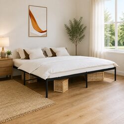 King Metal Bed Frame 183x203cm Black Slatted Base Storage Space Bedroom