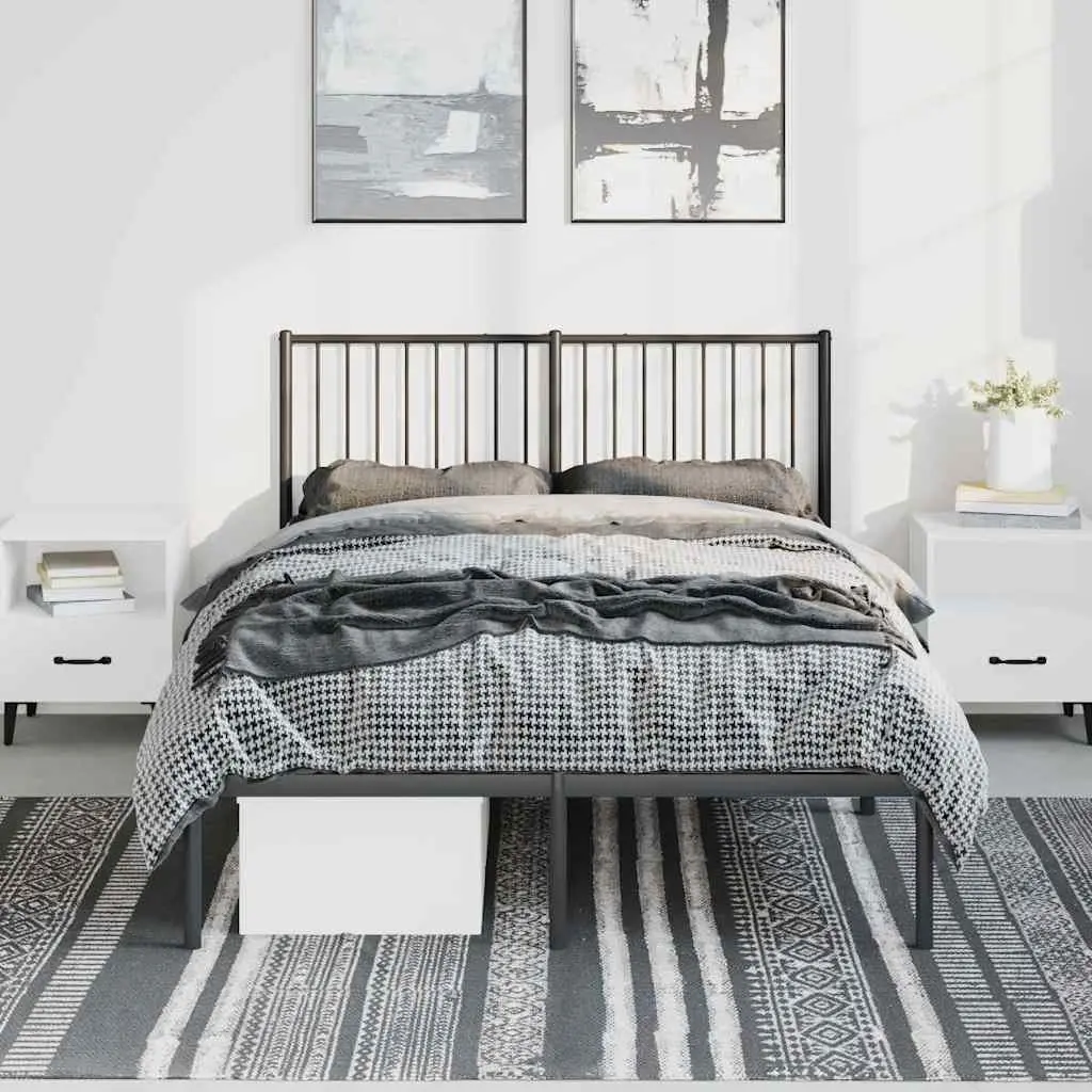 Metal Bed Frame 135x190 cm with Headboard and Slats Black Bedroom Furniture