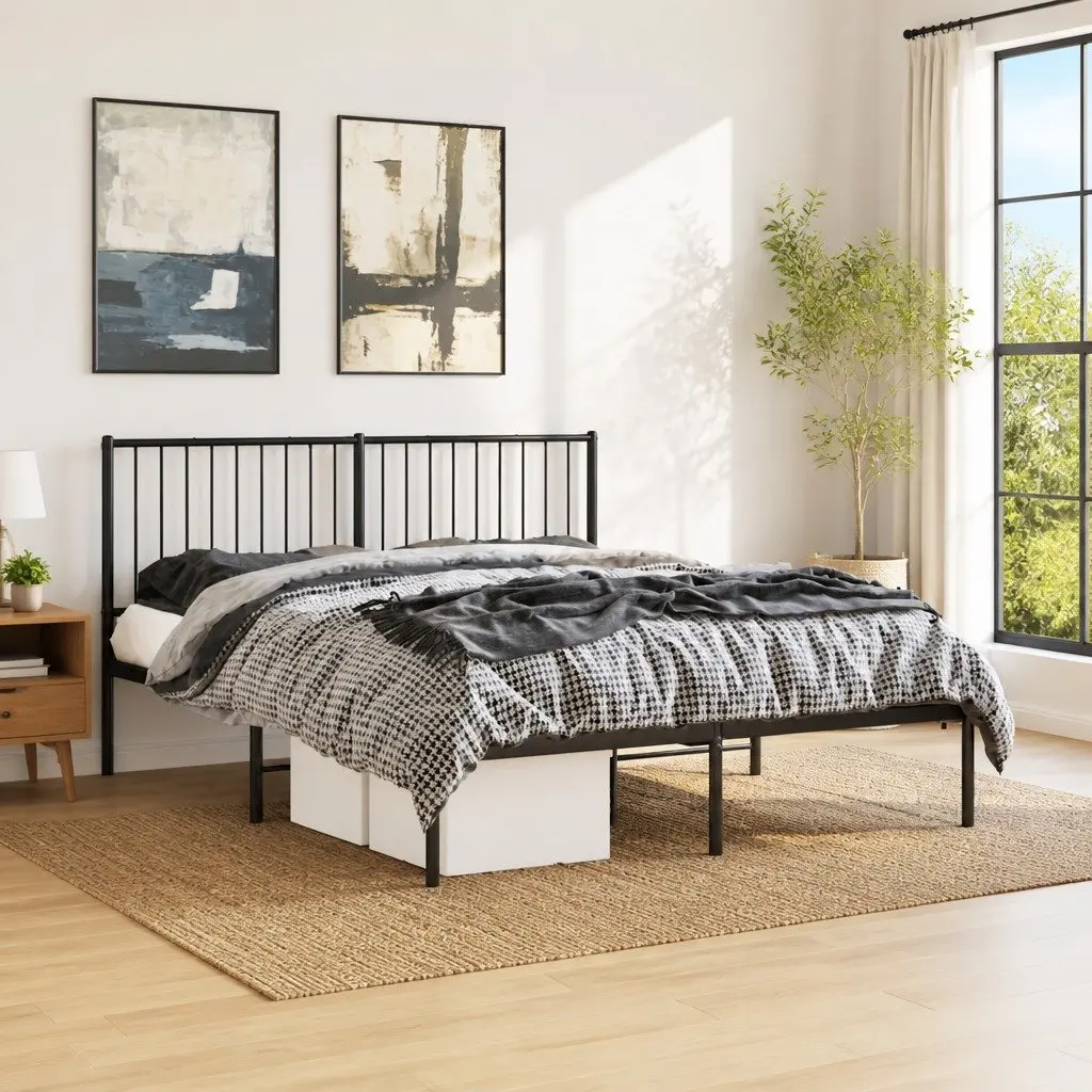 Queen Size Metal Bed Frame Black 150x200cm with Slatted Base and Headboard for Bedroom