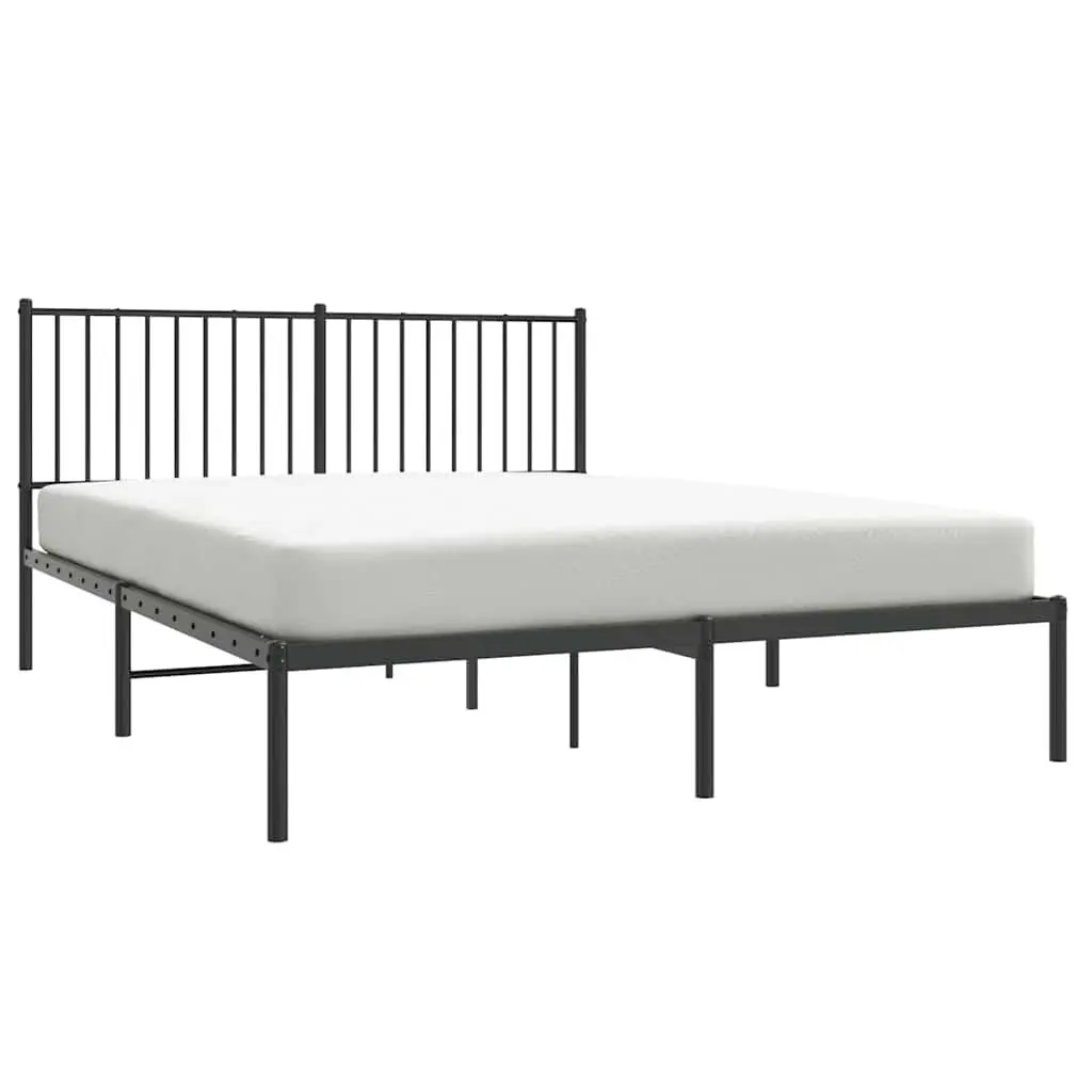 Queen Size Metal Bed Frame Black 150x200cm with Slatted Base and Headboard for Bedroom