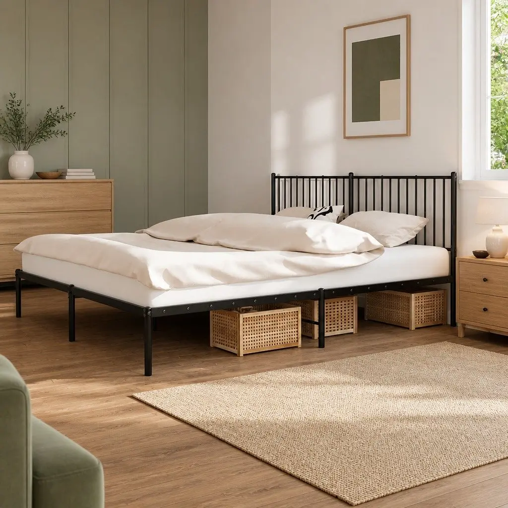 King Size Metal Bed Frame with Headboard for Bedroom Black 183x203cm Durable Steel Slatted Base with Underbed Storage