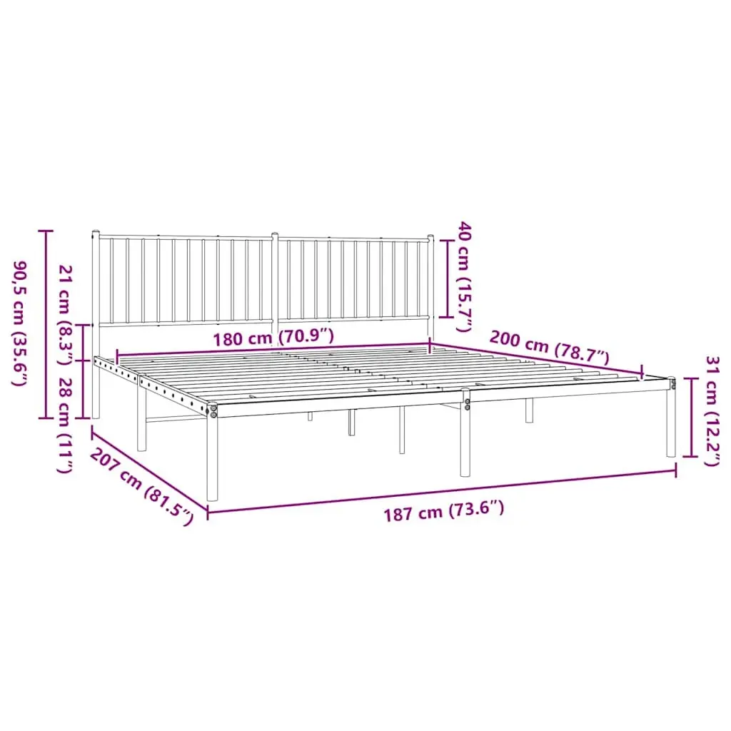 King Size Metal Bed Frame with Headboard for Bedroom Black 183x203cm Durable Steel Slatted Base with Underbed Storage