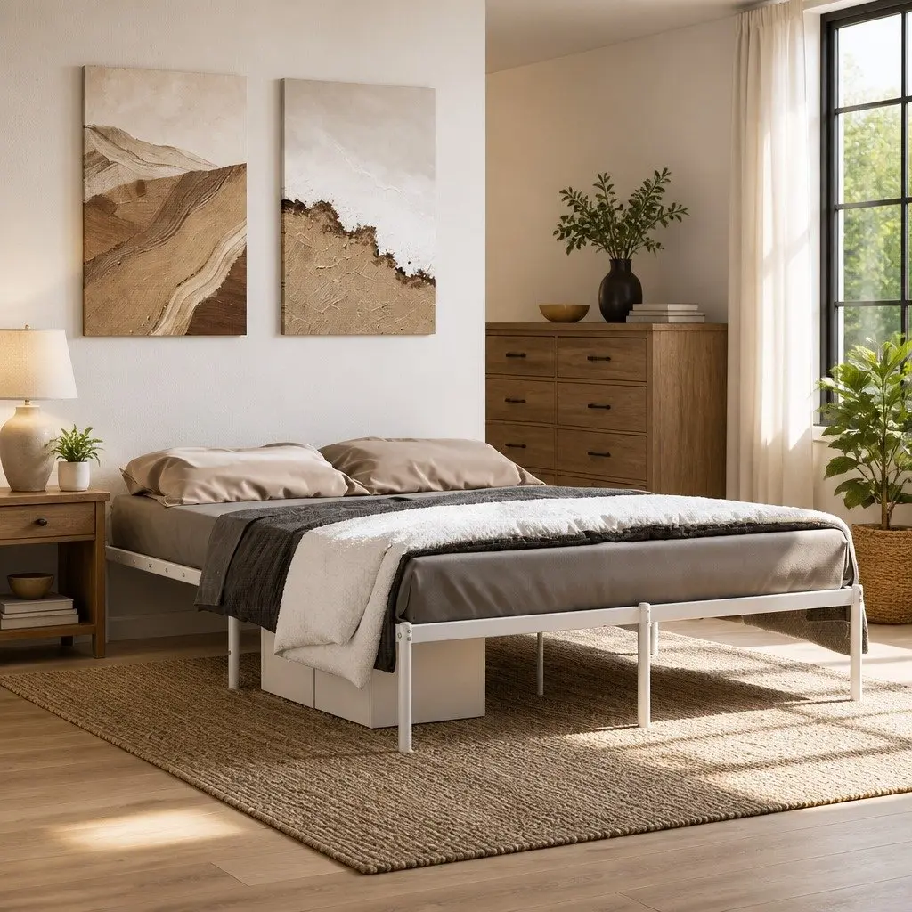 Metal Bed Frame 135x190 cm White Slatted Base Sturdy Steel Platform Bedroom