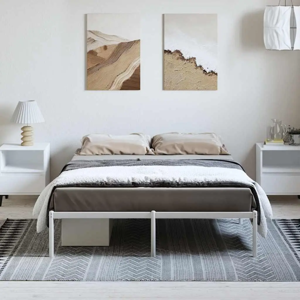 Metal Bed Frame 135x190 cm White Slatted Base Sturdy Steel Platform Bedroom