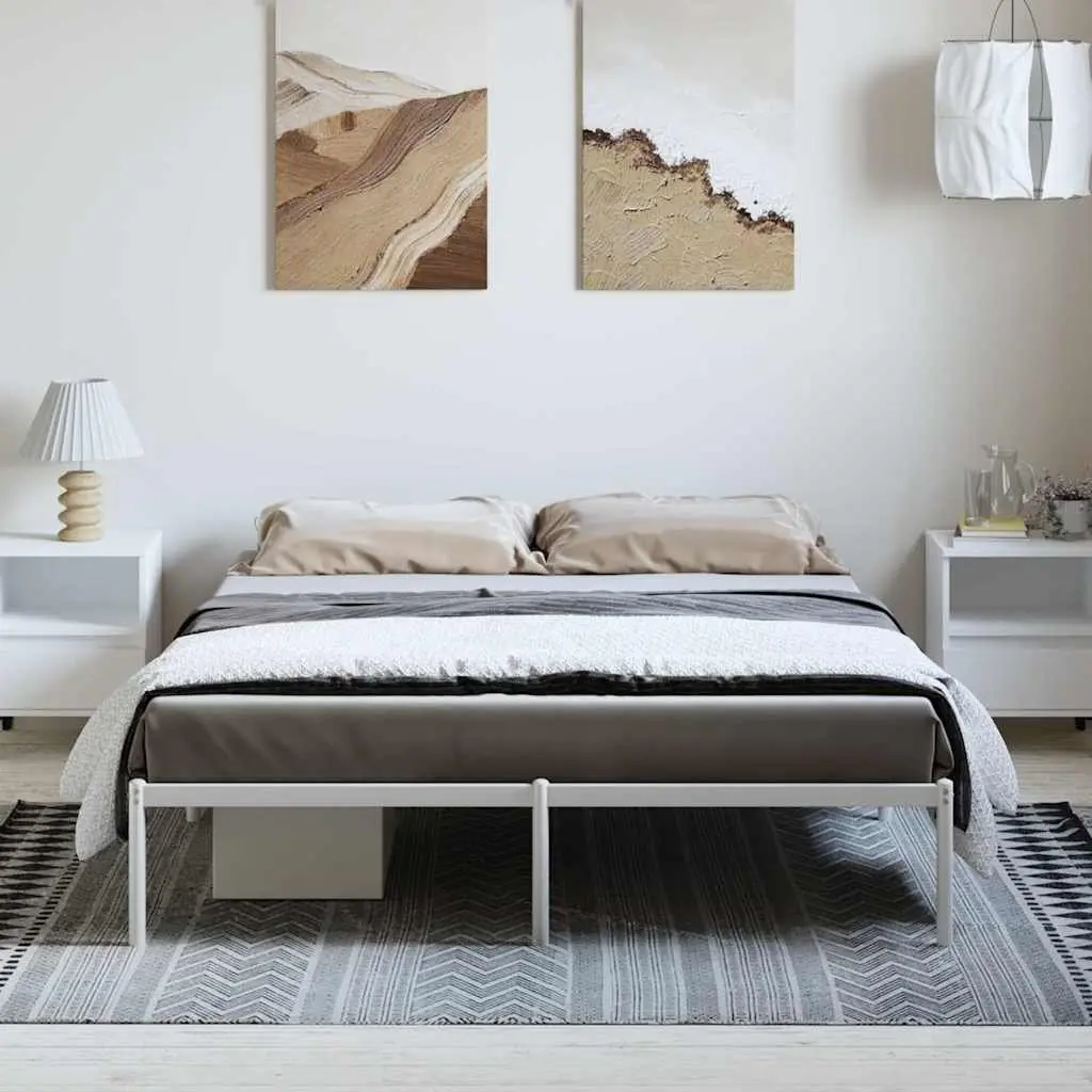 Metal Bed Frame 150x200 cm White Slatted Base Steel Bedroom Furniture