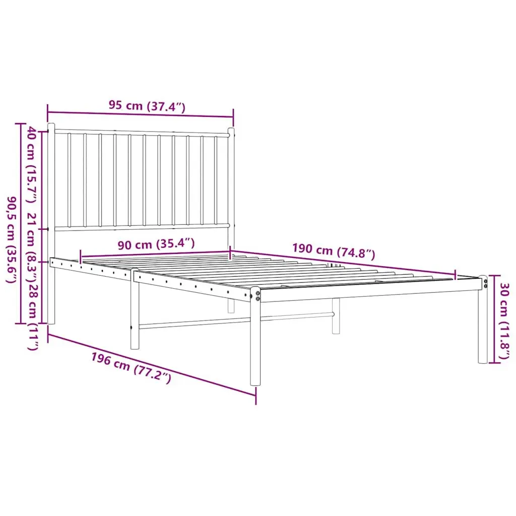 Metal Bed Frame with Headboard White 90x190 cm Slatted Base Support Storage