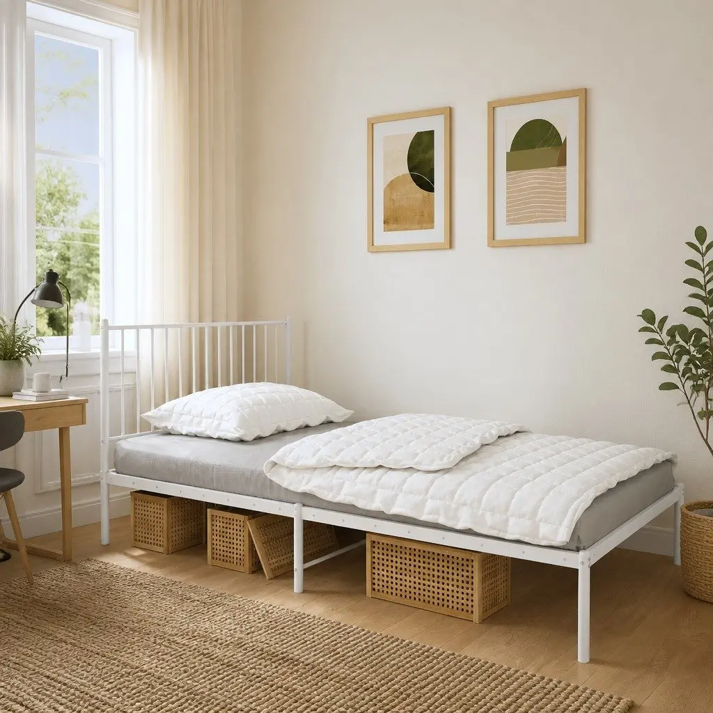 Metal Bed Frame King Single 107x203 cm Slatted Base Headboard White Bedroom