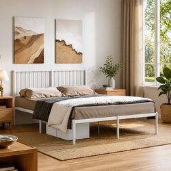 White Metal Bed Frame with Headboard 135x190 cm Specs