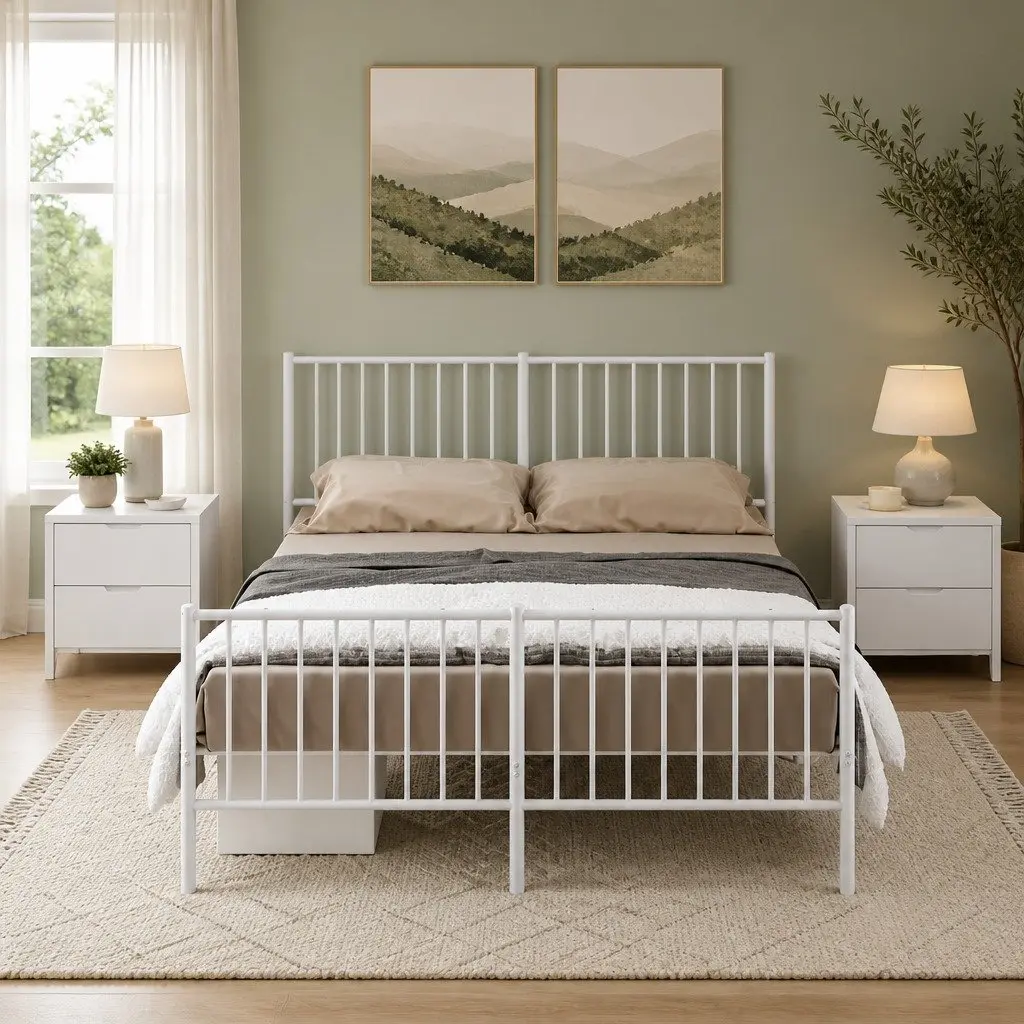 Metal Bed Frame for Bedroom 135x190 cm White with Footboard Slatted Base