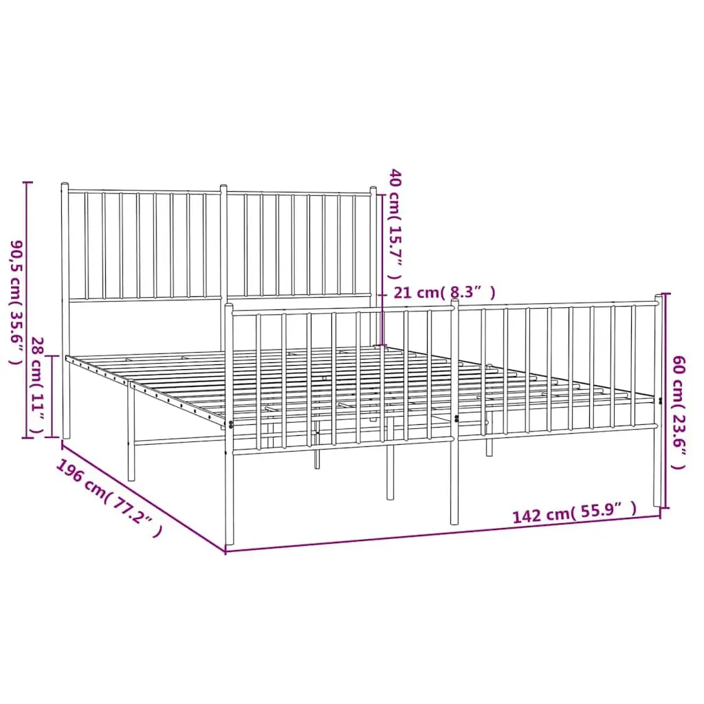 Metal Bed Frame for Bedroom 135x190 cm White with Footboard Slatted Base